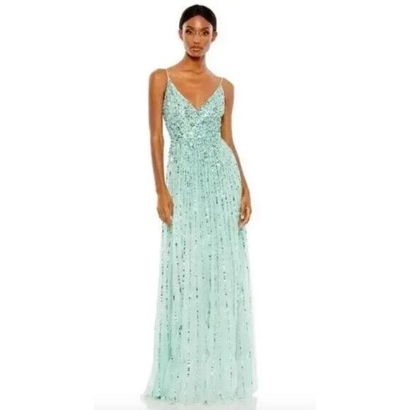 MAC DUGGAL Dress Size 12 Evening Gown Sequin NEW Mint Green Wrap Top V Neck - Picture 1 of 6